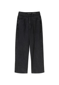 Pantalones vaqueros de pierna ancha en denim negro con una textura suave. Presentan bolsillos frontales, un cierre de botón y un diseño minimalista.