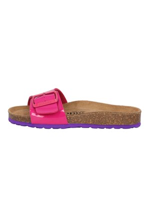 Pink and shiny slide sandal with a wide strap and a buckle. Cork footbed with purple sole. Simple design, lightweight construction.