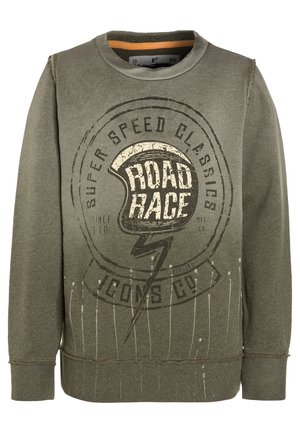 Felpa verde oliva in cotone, caratterizzata da una stampa grafica con "ROAD RACE" e un fulmine. I polsini e l'orlo sono a costine.