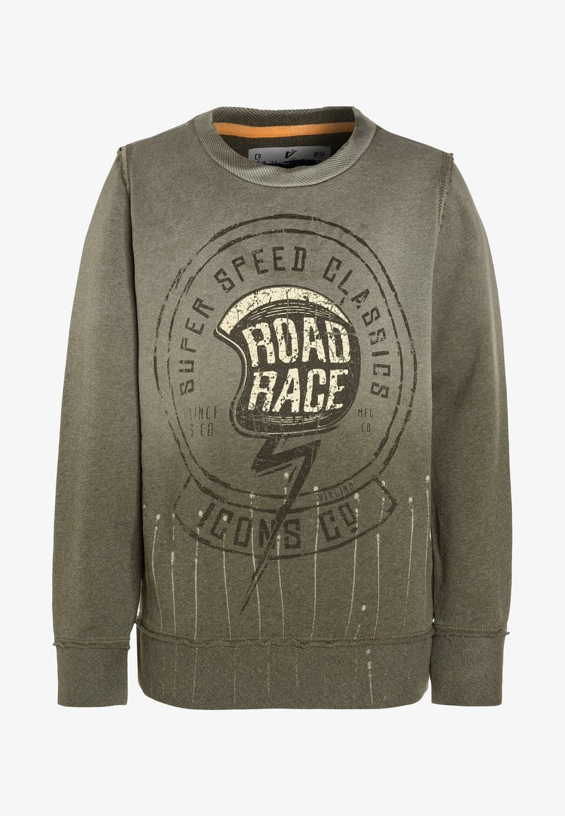Sweatshirt vert olive en coton, doté d'un imprimé graphique avec "ROAD RACE" et un éclair. Les poignets et l'ourlet sont côtelés.