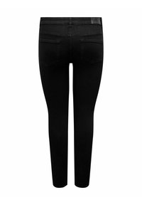 Fekete farmer skinny nadrág sima textúrával, közepes magas derékkal, hátsó zsebekkel és keskeny lábszárral.