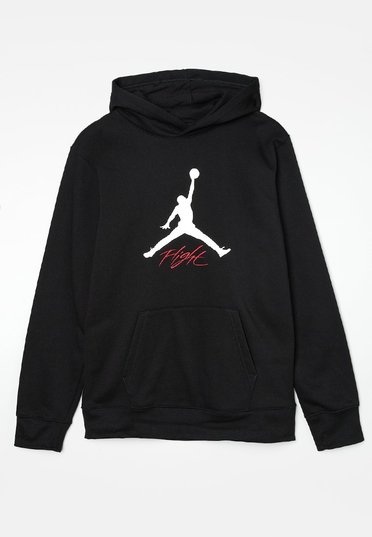 Czarna bluza z kapturem wykonana z miękkiego materiału, z białym logo Jumpman oraz napisem "Flight" w kolorze czerwonym. Posiada przednią kieszeń i kaptur ze sznurkiem.
