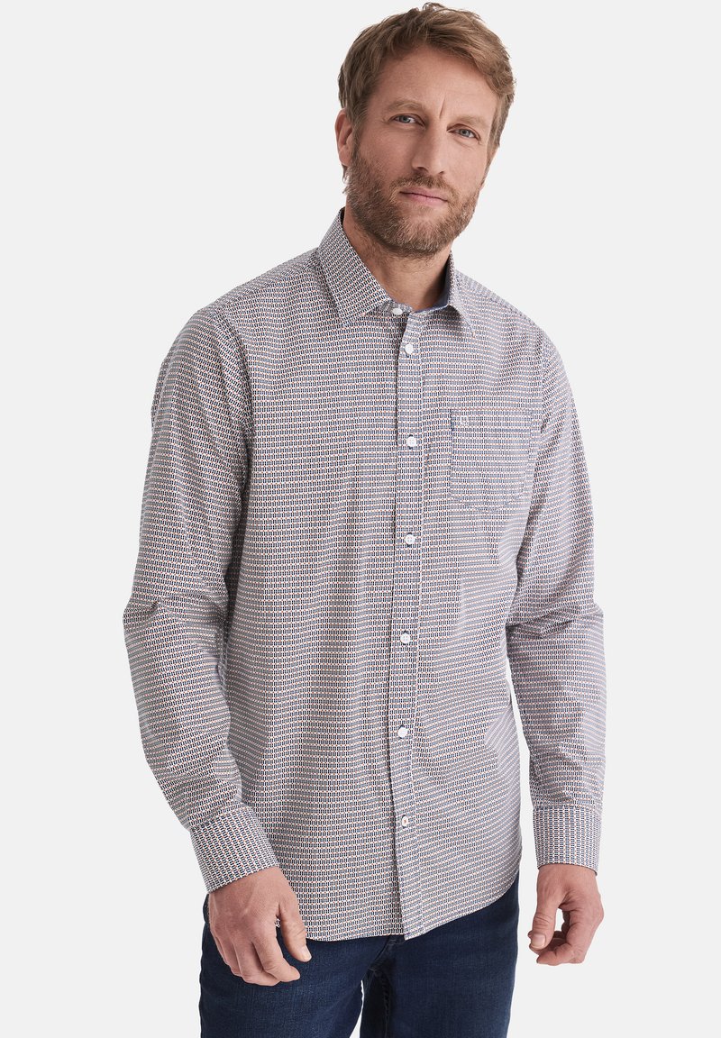 Langärmliges Button-down-Hemd mit kariertem Muster in Blau, Rot und Weiß. Verfügt über eine Fronttasche und geknöpfte Ärmel. Aus Baumwollmaterial.