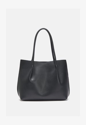 Black leather tote bag with two long handles, a smooth texture, and soft silhouette. No visible hardware or patterns.