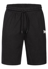 Zwarte katoenen shorts met een elastische tailleband, trekkoordsluiting en een klein wit logo nabij de zoom. Casual pasvorm en knielange ontwerp.