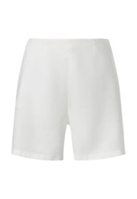 Pantaloni corti bianchi in lino con un taglio dritto, texture liscia e orli arrotolati; non presenta chiusure o tasche visibili.