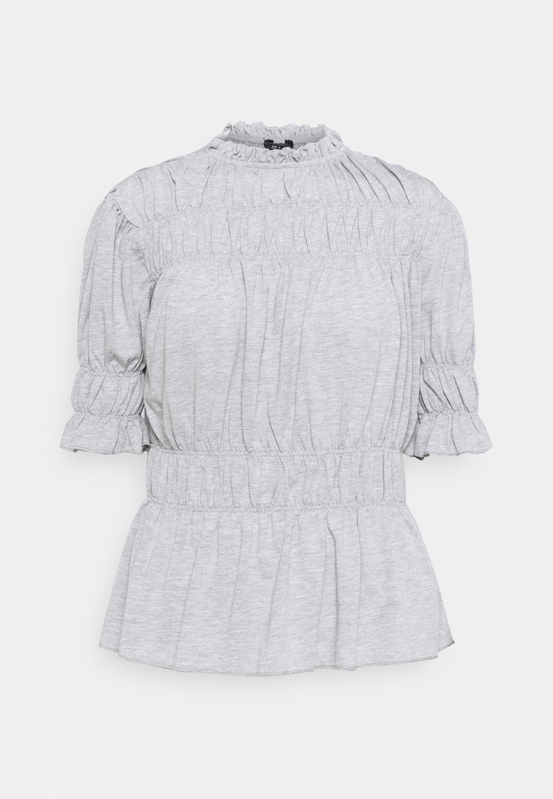 Lys grå kortærmet top med samlet tekstur, plisseret bodice, flæsekrave og elastisk talje til en peplum-stil.