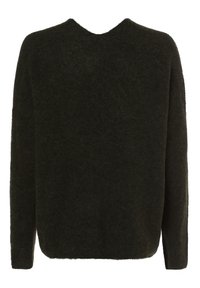 Dunkelgrüner, weicher Strickpullover mit langen Ärmeln und V-Ausschnitt. Hat eine entspannte Passform und eine strukturierte Verarbeitung auf der Rückseite.