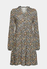 Robe à imprimé floral avec manches longues, encolure ronde, fermeture à boutons sur le devant et jupe à volants. Base noire avec de petites fleurs orange, jaunes et bleues.