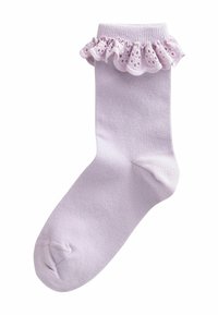 Calzino alla caviglia viola chiaro con bordo di pizzo arricciato. Il calzino presenta una superficie liscia e un design della punta rotonda.