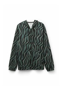 Chaqueta con capucha y cremallera en verde y negro, con un patrón de rayas onduladas. Fabricada en tejido ligero con bolsillos frontales y un corte relajado.