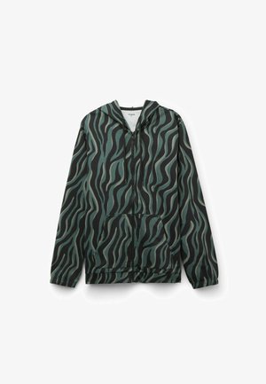 Kapturowa kurtka zapinana na zamek w kolorze zielonym i czarnym, z falistym wzorem w paski. Wykonana z lekkiego materiału, z przednimi kieszeniami i luźnym krojem.