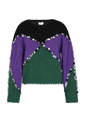 Pull en tricot noir, violet et vert avec un design court. Présente des sequins circulaires brillants le long des bordures et une surface texturée.