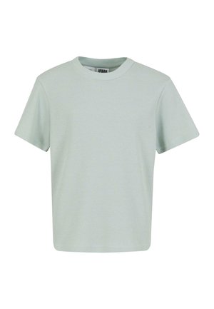 Ljusgrön ribbad t-shirt med rund halsringning och korta ärmar. Har en avslappnad passform och mjuk textur. Etikett synlig inuti halsringningen.