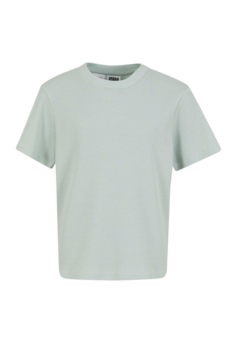Tricou ribbed verde deschis cu guler rotund și mâneci scurte. Prezintă o croială lejeră și o textură moale. Eticheta este vizibilă în interiorul gulerului.