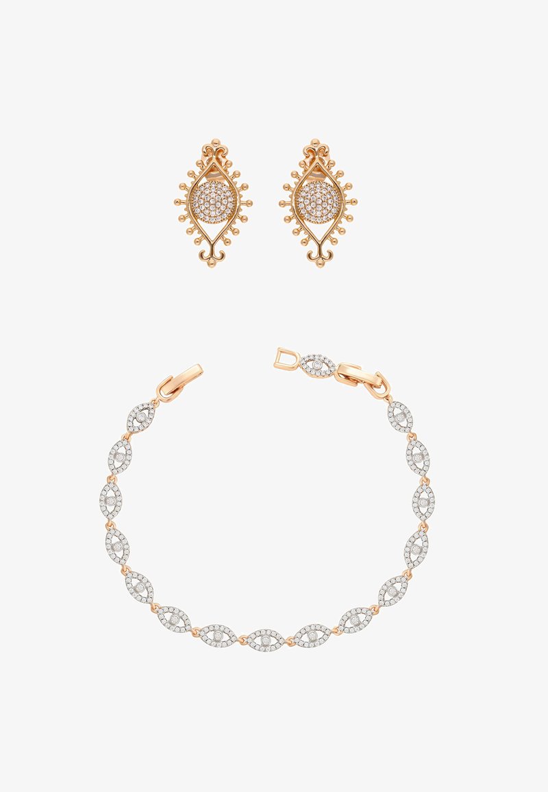 Oorbellen en armband in goudkleur met verfijnde ontwerpen met cirkelvormige en ovale vormen, versierd met heldere strass-steentjes en voorzien van een veilige sluiting.