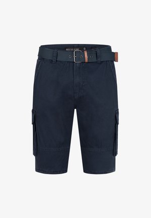 Shorts cargo blu navy realizzati in tessuto resistente, dotati di tasche laterali, una cintura con un accento marrone e un taglio dritto per una vestibilità confortevole.