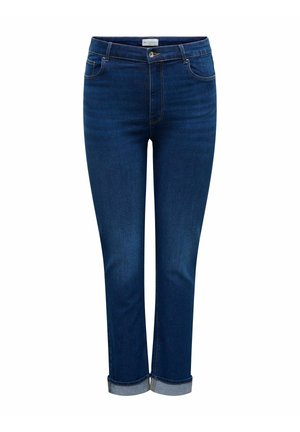 Jeans de mezclilla azul oscuro con un corte ajustado, que cuentan con un cierre frontal de botón, diseño de cinco bolsillos y puños enrollados en los tobillos.