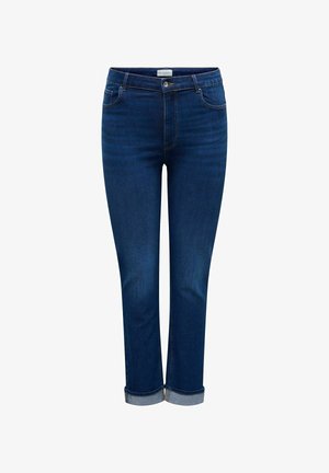 Mørkeblå denimjeans med slim fit, med frontlukking med knapp, femlomme-design og oppbrettede mansjetter ved anklene.