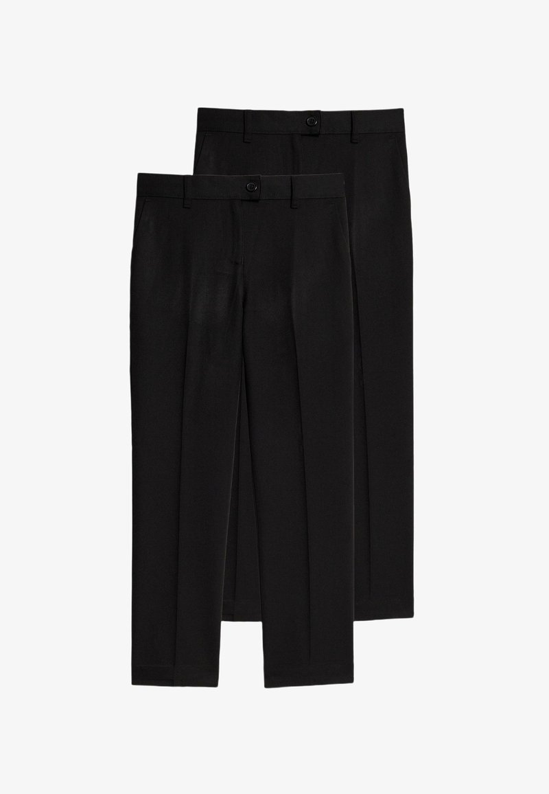 Twee paar zwarte rechte casual broeken met eenFrontend knoop- en ritssluiting, riemlussen en zijzakken.