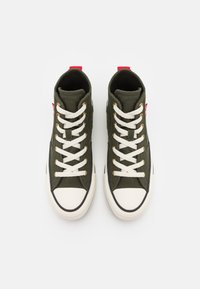 Un paio di sneakers alte in tela verde scuro con lacci bianchi e punte in gomma, viste dall'alto su uno sfondo bianco.