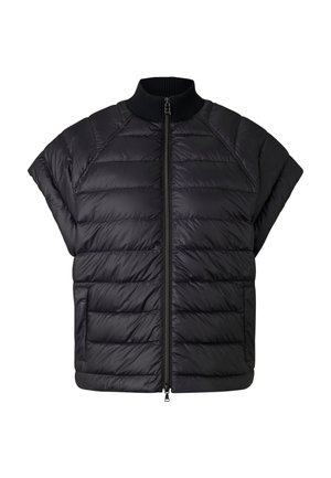 Zwarte mouwloze doorgestikte gewatteerde bodywarmer met ritssluiting aan de voorkant en geribde opstaande kraag.