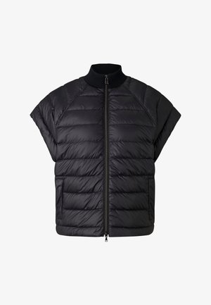 Zwarte mouwloze doorgestikte gewatteerde bodywarmer met ritssluiting aan de voorkant en geribde opstaande kraag.