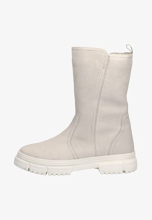 Graue Leder-Stiefeletten mit glatter Textur, runder Zehenpartie, Anziehschlaufe und einer weißen, klobigen Sohle mit geriffelter Traktion.