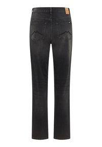 Czarne dżinsy z prostymi nogawkami; posiadają dwie tylne kieszenie z górskim wzorem oraz metkę z logo na talii.