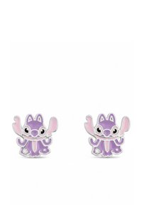Boucles d'oreilles émaillées violettes et roses en forme d'animal de dessin animé, avec des accents argentés et un petit détail en cristal sur chaque pièce.