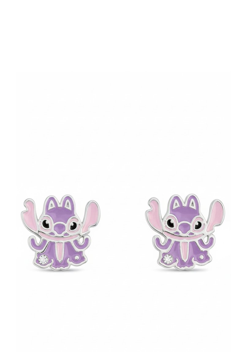 Boucles d'oreilles émaillées violettes et roses en forme d'animal de dessin animé, avec des accents argentés et un petit détail en cristal sur chaque pièce.