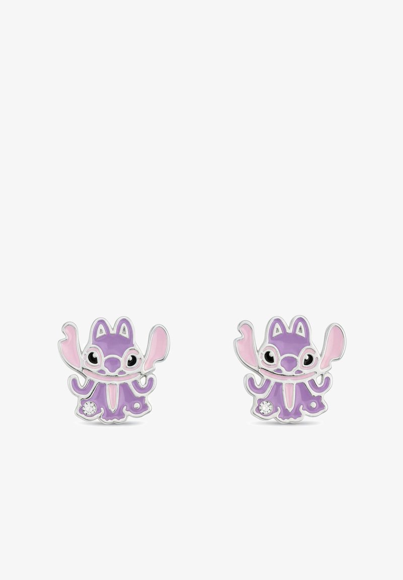 Orecchini smaltati viola e rosa a forma di animale da cartone animato, con dettagli in argento e un piccolo cristallo su ogni pezzo.