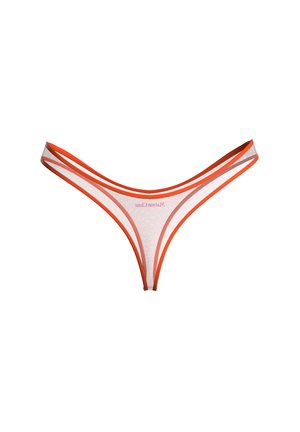 Sheer white thong underwear with bright orange trim and double side straps, laid flat on a white background.