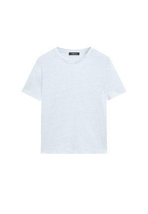 T-shirt blanc uni à manches courtes avec col rond et une étiquette noire visible au niveau de l'encolure sur fond blanc.