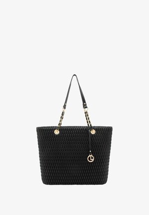 Sac cabas noir en tissage avec ferrures dorées. Comprend deux anses d'épaule noires et un charm décoratif attaché sur le côté.