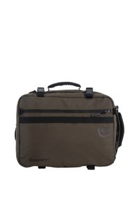 Borsa a tracolla in tessuto marrone con manico superiore, tasca frontale con zip e dettagli neri. Presenta il logo Discovery e una tracolla regolabile.