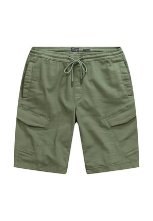 Olive green cargo shorts made of soft fabric. Features an elastic waistband with drawstring, two front pockets, and two side cargo pockets.