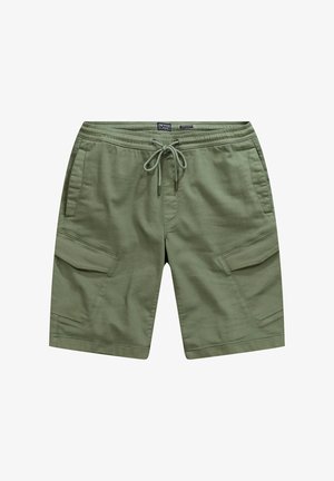 Pantaloni cargo verde oliva realizzati in tessuto morbido. Presentano una cintura elastica con cordino, due tasche frontali e due tasche laterali cargo.