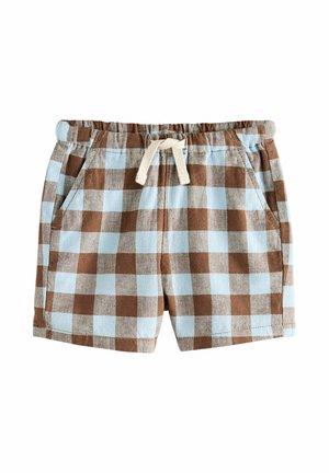 Braun-blau karierte Shorts mit elastischem Bund und weißem Kordelzug, ausgestattet mit Seitentaschen.