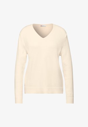 Crème V-hals trui met lange mouwen en een geribde zoom. Gemaakt van zacht materiaal met een gladde textuur. Eenvoudig ontwerp.