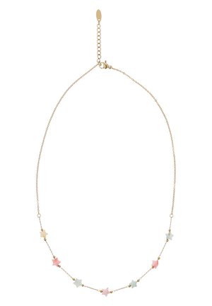 Aranylánc nyaklánc váltakozó kis, pasztell színű, csillag alakú gyöngyökkel rózsaszínben, kéken és krémszínben, állítható kapoccsal.