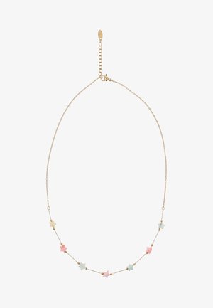 Lănţişor auriu cu mărgele mici în formă de stea, alternând culori pastelate de roz, albastru și crem, şi închidere cu cataramă reglabilă.