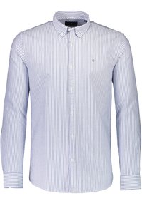 Camicia a righe button-up in azzurro chiaro e bianco, con colletto classico, maniche lunghe e un piccolo logo ricamato sul petto.