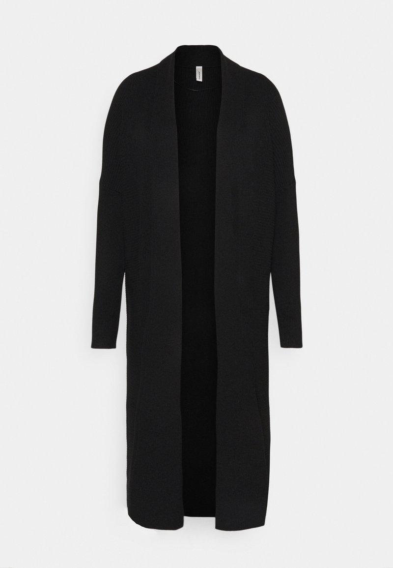 Cardigan long noir à ouverture devant, texture côtelée, manches longues, en tissu doux, avec une coupe décontractée et ample.