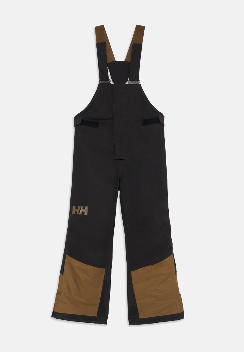 Črne smučarske kombinezoni z nastavljivimi rjavimi naramnicami, ki imajo dve žep in rjav poudarek na spodnjem delu hlačnic z logotipom na strani.