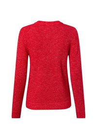 Rode gebreide trui met lange mouwen, gestructureerde stof en een ronde hals. Voorzien van een aansluitende zoom en geribbelde manchetten.
