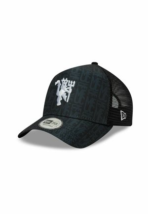Black mesh baseball cap with curved brim, white embroidered logo of a stylized figure holding a trident, and adjustable strap.