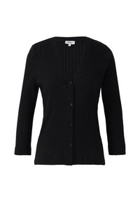 Zwarte geribbelde cardigan met een V-hals, lange mouwen en knoopsluiting. Heeft een verticale textuur en een getailleerde pasvorm.