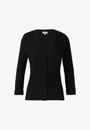 Cardigan nero a coste con scollo a V, maniche lunghe e chiusura a bottoni. Presenta una texture verticale e una silhouette aderente.