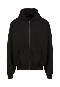 Black zip-up hoodie with a hood, two front pockets, ribbed cuffs and hem, made of soft fabric with a smooth texture.